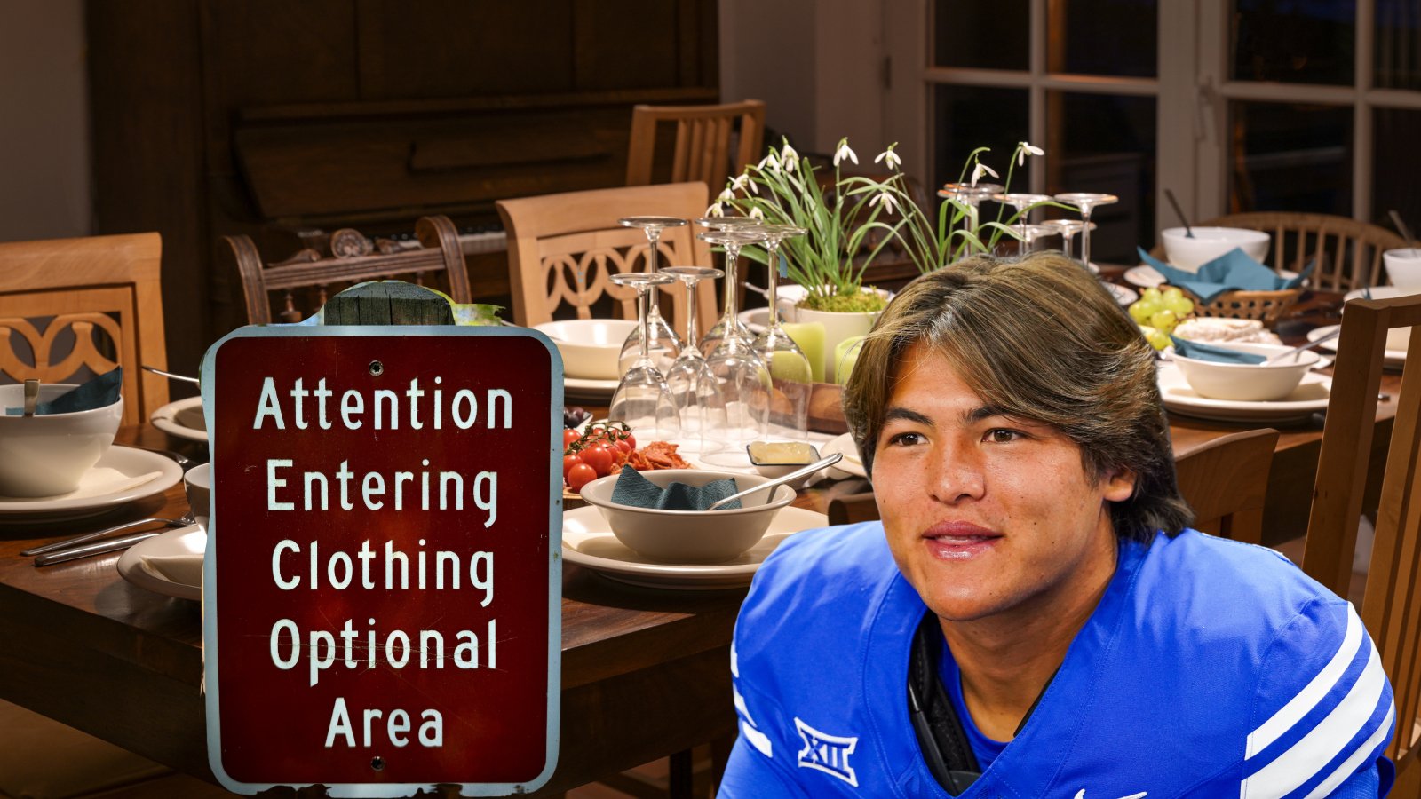 BYU Cougars quarterback Bear Bachmeier in front of a large wooden dinner table and a