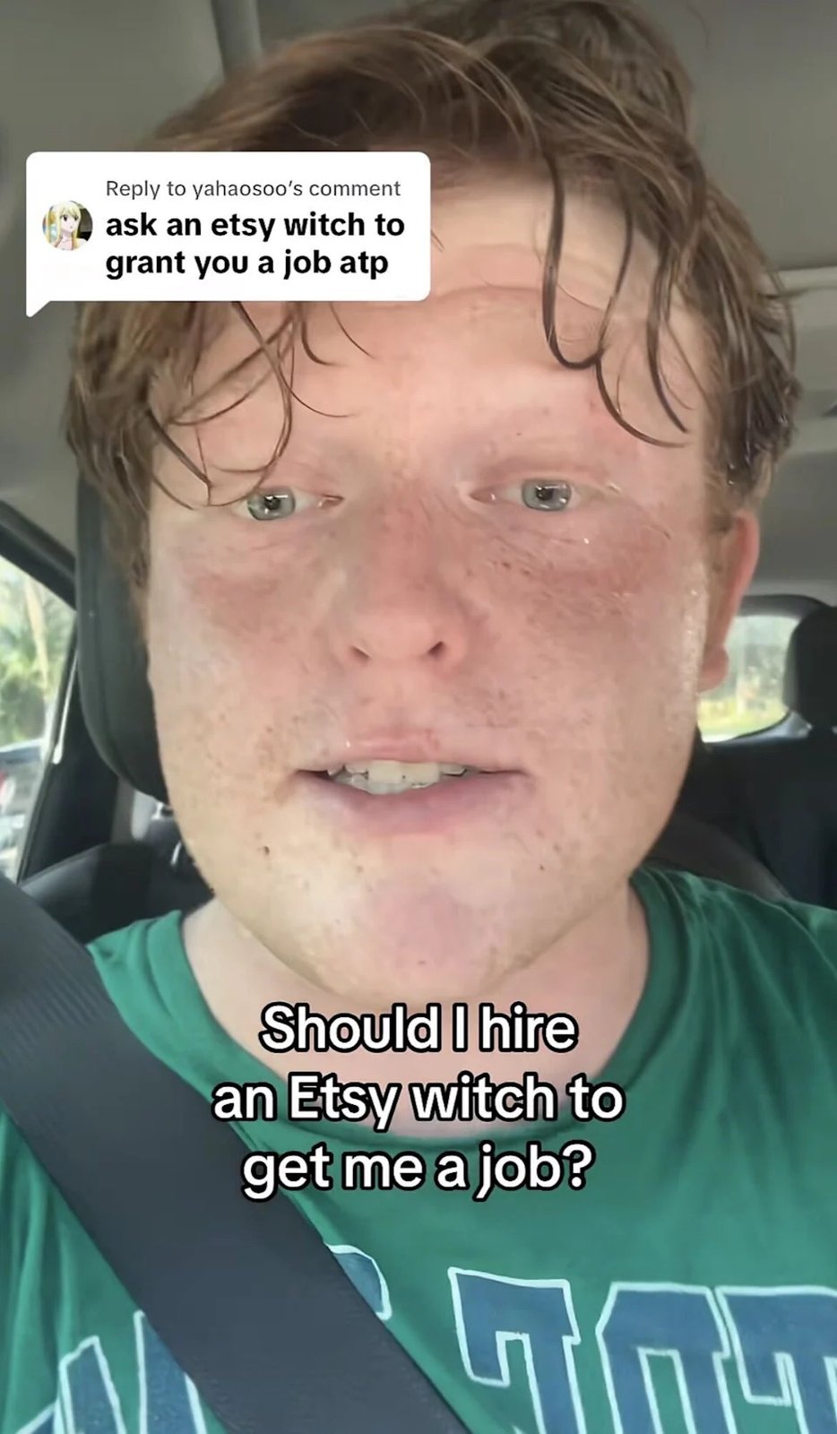 Person in a car, caption suggests considering hiring an Etsy witch for job help