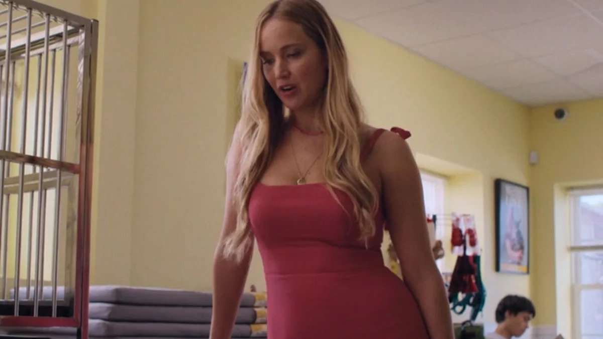 Jennifer Lawrence in a pink dress in No Hard Feelings.